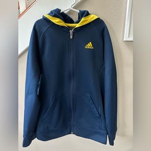 ADIDAS Boy's Large 14-16 Athletic Zip Hoodie Navy Blue Yellow Polyester